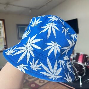 Blue Bucket Hat with White Leaf Print